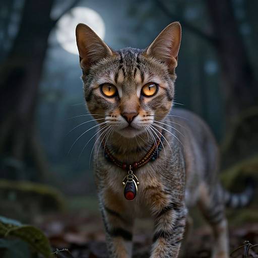 Photograph of a tabby cat with glowing orange eyes, wearing a red pendant collar, standing in a dark, misty forest.