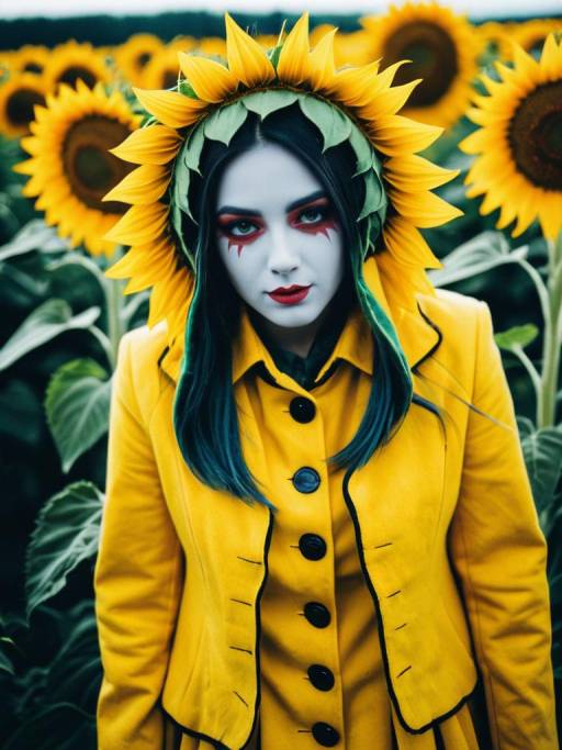 Woman in Sunflower Costume in Field