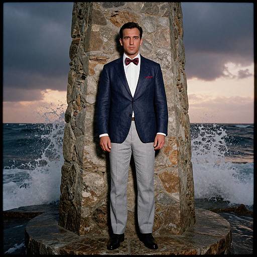 Photograph of a handsome man in a navy blazer, white shirt, gray pants, bow tie, standing in front of a stone pier with ocean