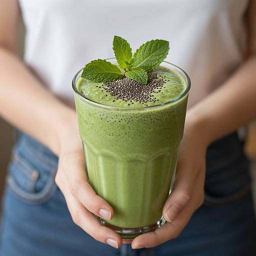 Photograph of a green smoothie with mint garnish and chia seeds, held by a person in a white shirt and blue jeans.