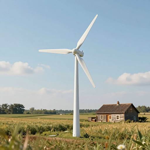 Photograph of a white wind turbine in a grassy field with a small brown wooden house in the background under a clear blue sky.