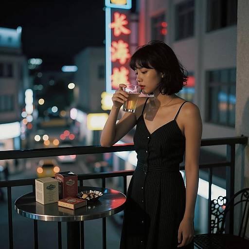 Stylish Woman on Neon-lit Balcony