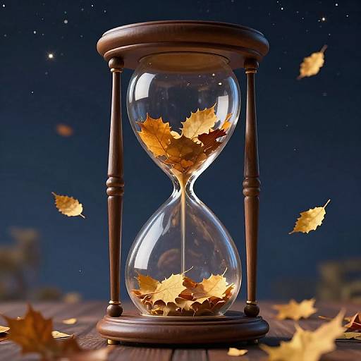 Photograph of a wooden hourglass with glowing autumn leaves inside, surrounded by floating leaves against a starry night sky.