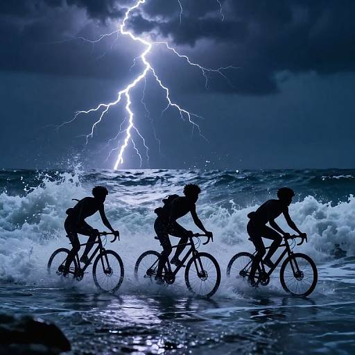 Silhouetted cyclists riding through crashing waves under a vivid lightning bolt in a dramatic, blue-tinted stormy night seascape photograph.