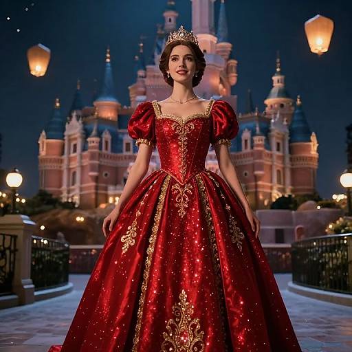 Photograph of a young woman in a sparkling red, gold-embroidered ball gown with puffed sleeves, wearing a tiara, standing in
