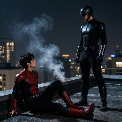 Nighttime Rooftop Superhero Encounter
