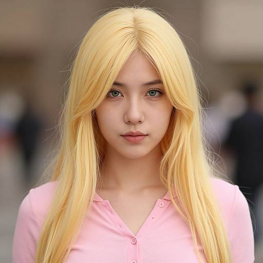 Photograph of a young woman with long, straight, blonde hair, wearing a pink button-up shirt, standing outdoors with a blurred urban background.