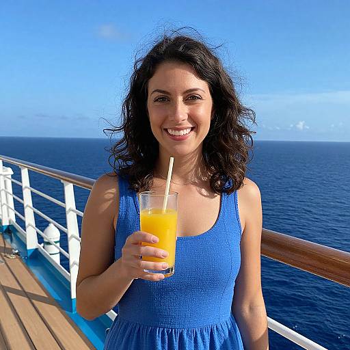 Photograph of a smiling woman with curly black hair, wearing a blue sleeveless dress, holding a glass of orange juice with a straw, on a