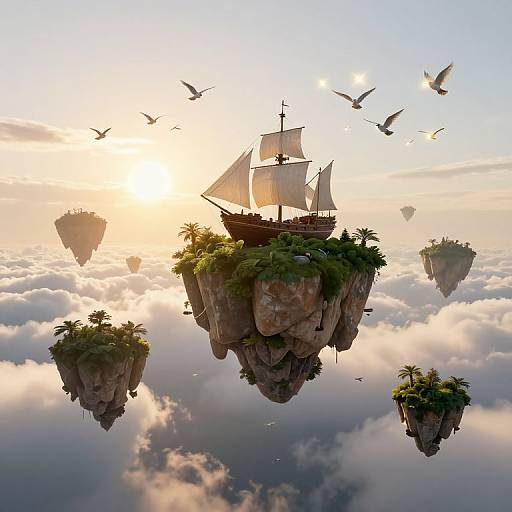 Fantastical CGI image of a sailing ship with sails raised, floating above cloud-covered islands, surrounded by flying birds at sunset.