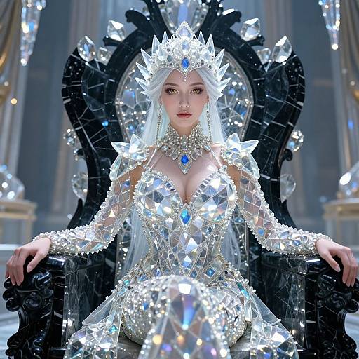 Digital art of a fair-skinned, silver-haired queen with a crystal crown and dress, adorned with blue gems, sitting on a black, ornate