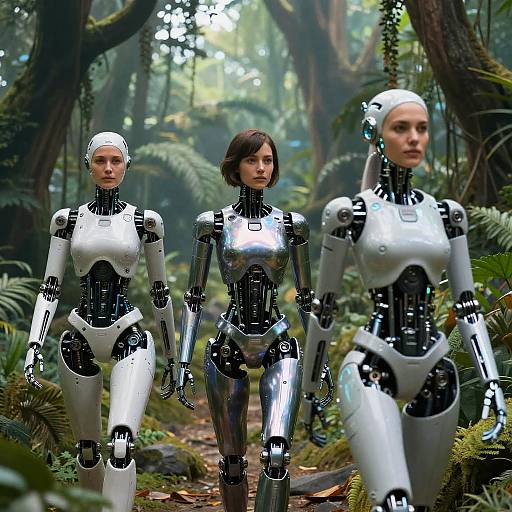 Photorealistic CGI of three female humanoid robots with white and black metallic bodies walking in a dense, misty jungle forest.