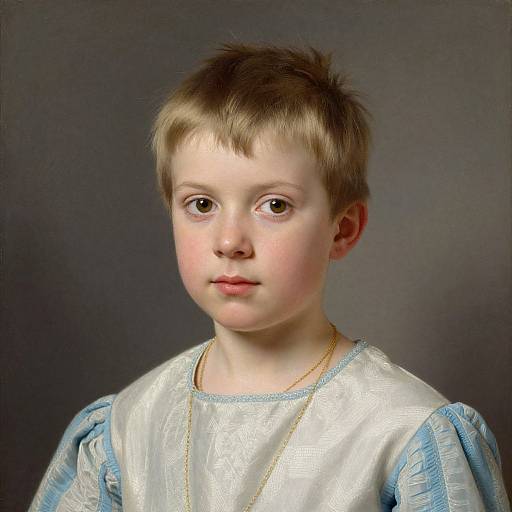 Photorealistic portrait of a young boy with fair skin, short blonde hair, and blue eyes, wearing a white and blue medieval-style tunic,