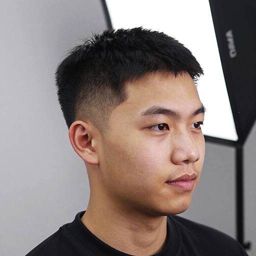 Photograph of a young Asian man with short, spiked black hair, fair skin, and neutral expression, wearing a black shirt, against a white and