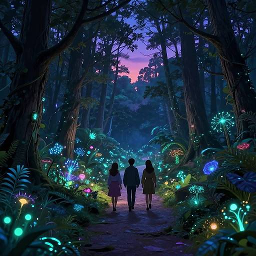 Digital artwork of two silhouetted figures walking through a glowing, bioluminescent forest at twilight, with vibrant, colorful fungi lights lining the
