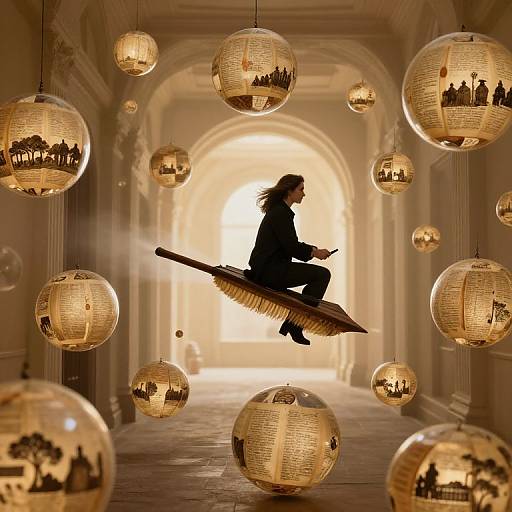 Photograph of a silhouetted woman with long hair sitting on a broomstick, flying through a hallway of hanging, lit paper lanterns