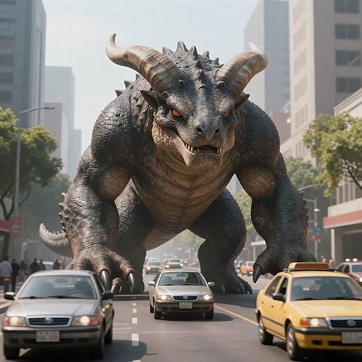 Giant Scaly Creature in Urban Scene