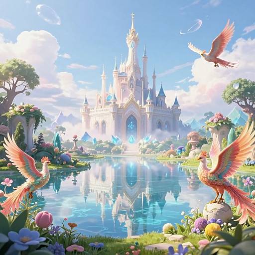 Digital fantasy artwork: Vibrant, fairy-tale castle reflected in a serene blue pond, surrounded by colorful flowers, and two pink, winged birds