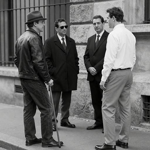 Four Men on a Black-and-White Street