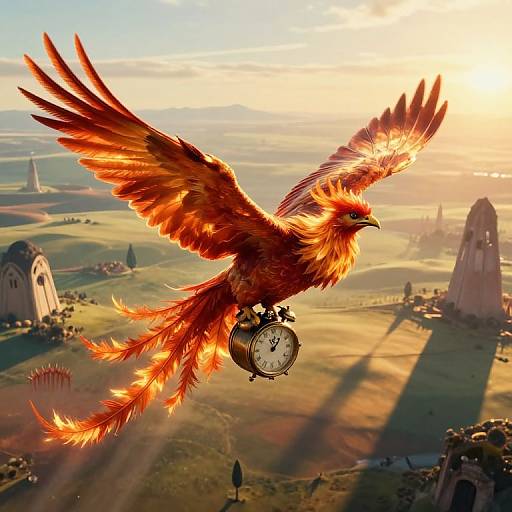 A vividly colored, fiery phoenix with outstretched wings and a clock in its talons soars over a sunlit, medieval landscape. Digital