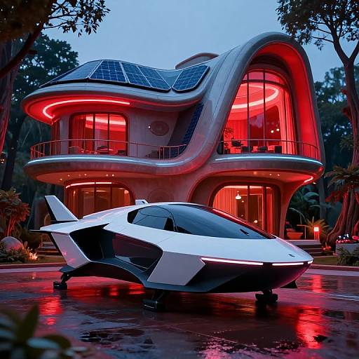 Photograph of a futuristic, red-lit, organic-shaped house with solar panels, surrounded by trees, next to a sleek, white, hovering aircraft