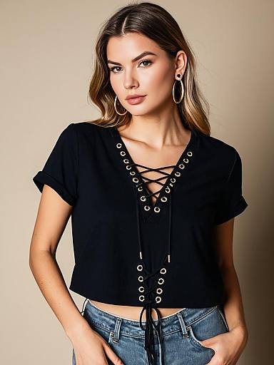 Woman in Black Lace-Up Top and Jeans
