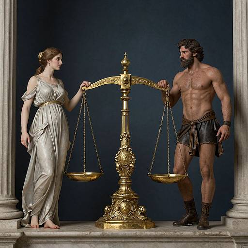 Photograph of a muscular, bearded, shirtless man in ancient Greek attire balancing scales with a fair-skinned, clothed woman in a white
