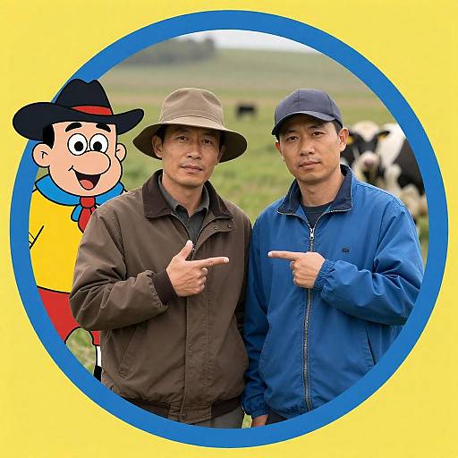 Two Men Pointing at Each Other with Cartoon Background