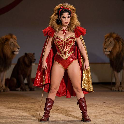 Photograph of a confident woman in a red sequin leotard with gold designs, furry lion mane headpiece, red and gold cape, and