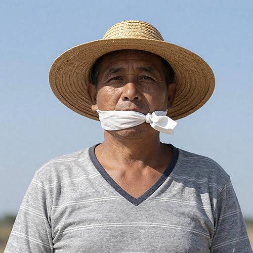 Middle-Aged Man Wearing Straw Hat with Cloth Covering Mouth