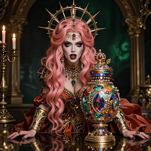 Digital fantasy artwork of a regal, pink-haired woman with a crown, adorned in gold and jewels, holding a vibrant, gem-encrusted