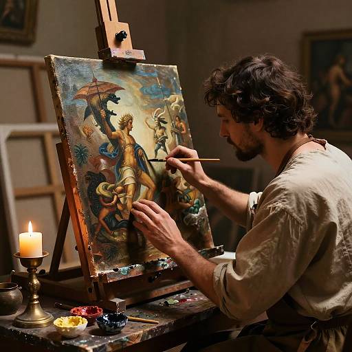 Ancient Painter in Candlelit Studio