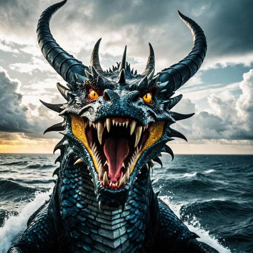 Fierce Dragon Head with Open Mouth by the Ocean