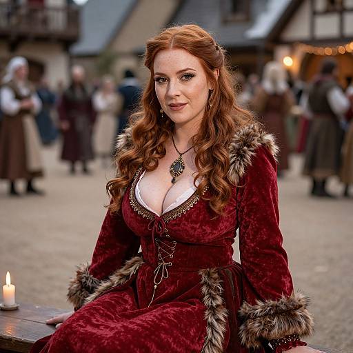 Photorealistic CGI of a red-haired woman with fair skin in a deep red velvet dress with fur trim, sitting outdoors at a medieval market, candle