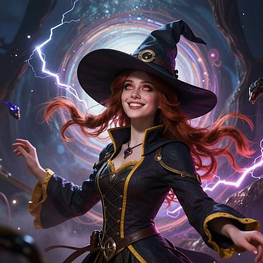 Digital artwork of a smiling witch with red hair, black hat, and dark robes, surrounded by a swirling, lightning-filled cosmic background.