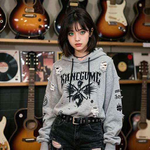 Photorealistic digital artwork of a young woman with green eyes, black bob haircut, wearing a grey 