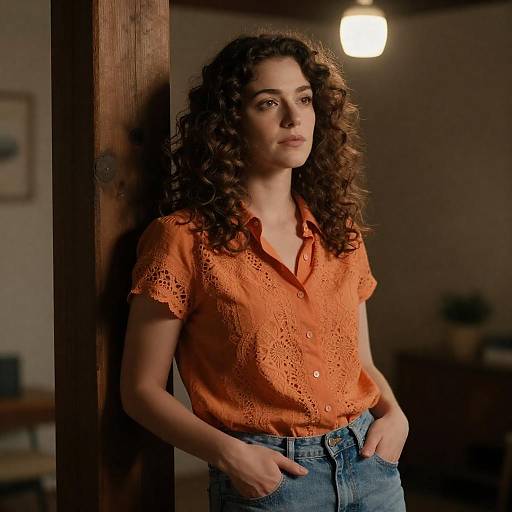 Thoughtful Backlit Woman in Orange Blouse