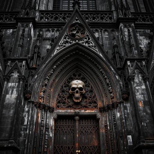 Photograph of a gothic cathedral entrance with a large, detailed skull centered above dark, ornate doors, illuminated by eerie red light.