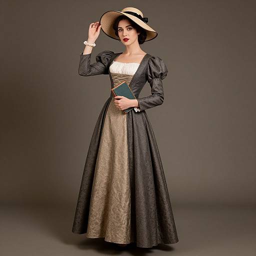 Photograph of a fair-skinned woman in a Renaissance-style black and gold dress with puffed sleeves, white bodice, and wide-brimmed