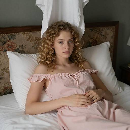Young woman in pink nightgown resting in bed