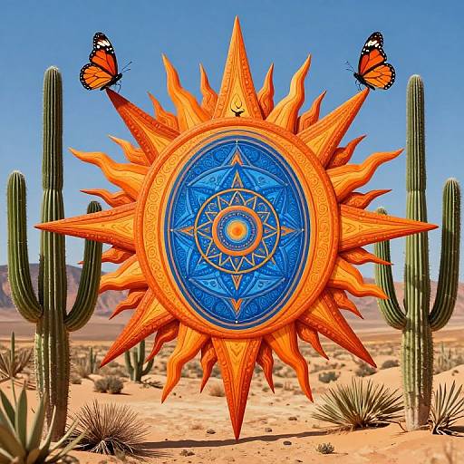 Digital artwork of an orange sun with blue geometric center, surrounded by cacti, two orange butterflies, set in a desert landscape.