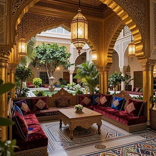 Photograph of an ornate Moroccan courtyard with gold-accented arches, lush greenery, red velvet sofas, patterned rugs, and hanging