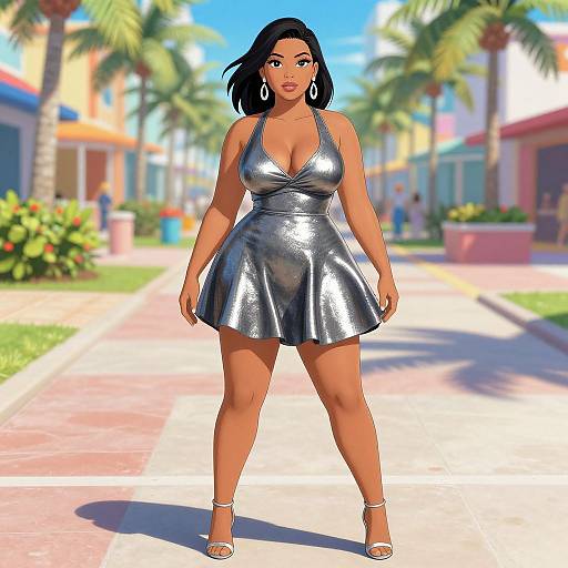 Digital artwork of a curvy, dark-skinned woman with black hair, wearing a shiny silver halter dress and silver heels, standing confidently on a