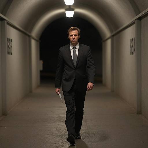 Man in Dark Tunnel with Metallic Arches