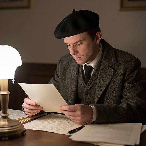 Photograph of a focused, Caucasian man in a dark gray tweed suit, black beret, and tie, reading a letter by a lamp-l