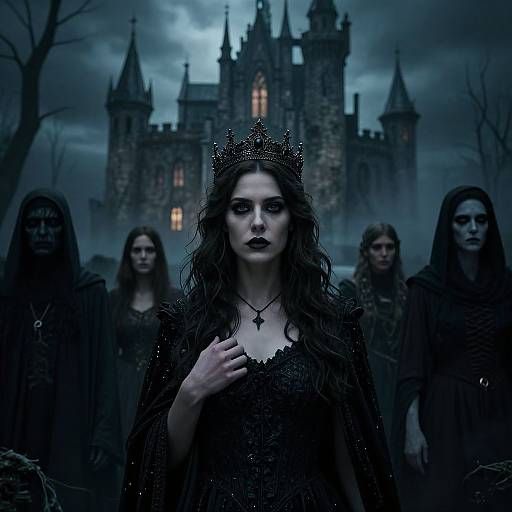 Dark Gothic photograph: Queen with black crown, dark dress, pale skin, black lipstick, four shadowy figures behind, eerie castle in blue twilight.