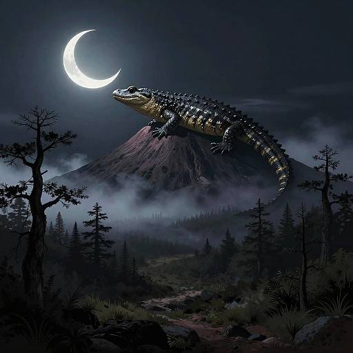 Atmospheric Night Volcano with Salamander