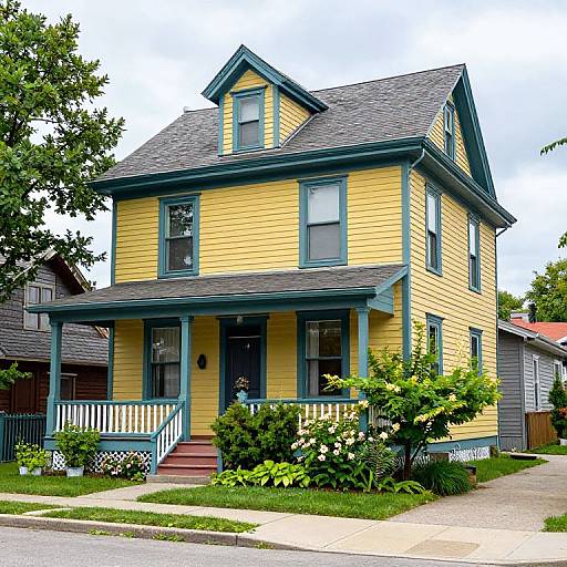 Photograph of a yellow, two-story Victorian house with teal trim, black shingle roof, front porch, small bushes, and a tree on the