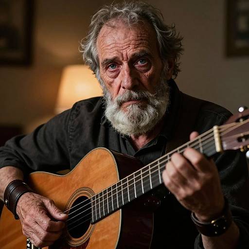 Photograph of an elderly man with gray beard and hair, wearing black shirt, playing an acoustic guitar in dimly lit room.