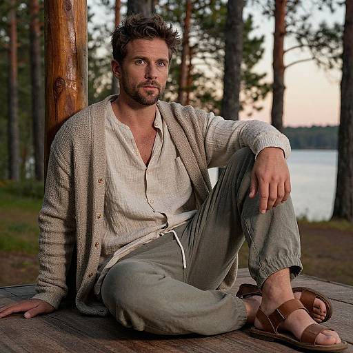Photograph of a bearded man with tousled hair, wearing a beige cardigan, white shirt, gray pants, and brown sandals, sitting on
