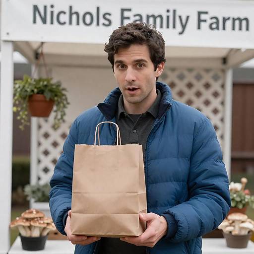 Surprised Man at Farmers Market Stall